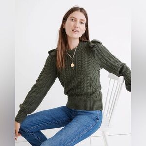 Madewell Forest Green Hollydene Ruffle-Shoulder Pullover Cable Knit Sweater XS